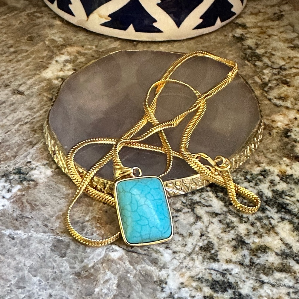 Gold Herringbone Turquoise Pendant Necklace - Picture 6 of 8